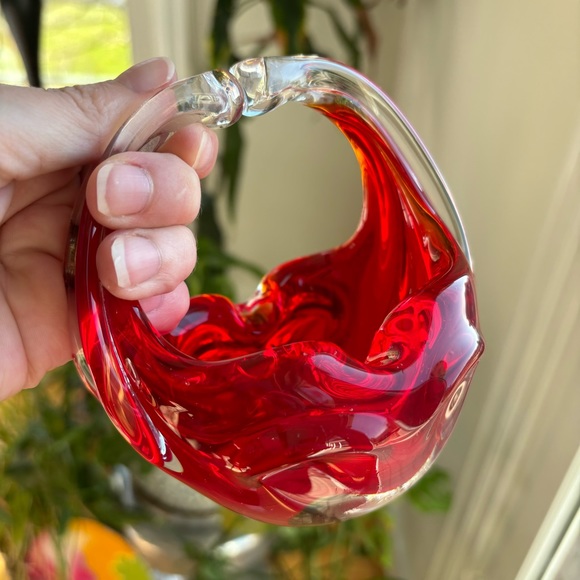 Murano Art Glass Hand Blown Sommerso Basket Joined Handles Submerged Ruby Red - Picture 1 of 8